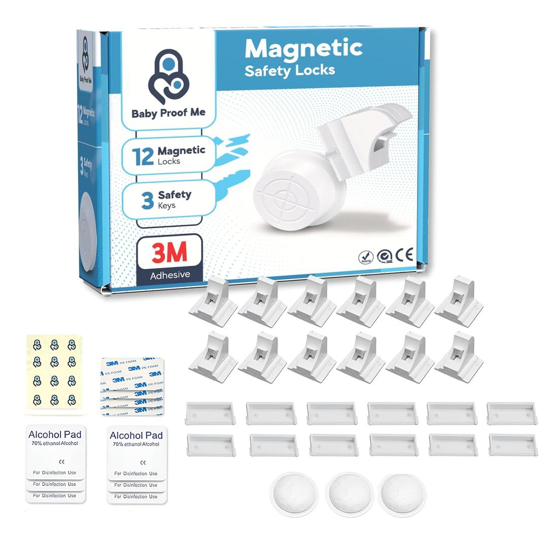 Baby Proof Me 12-Pack Magnetic Cabinet Locks, Baby Proofing Child Safety Locks with 3 Keys, No-Drill 3M Adhesive for Cabinets & Drawers