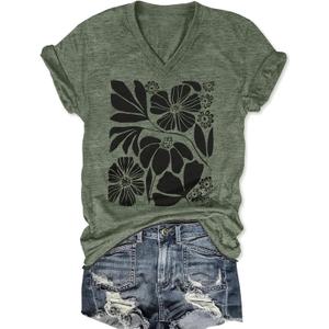 Women's T-Shirts V-Neck Boho Flowers Wildflowers Graphic Tees Shirts Cute Casual Summer Tops Short Sleeve T Shirt (Green, L)