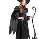 Spooktacular Creations Girls Black Witch Costume, Kids Halloween Outfit with Broom, Toddler Witch Dress for Halloween Parties (Black, M)