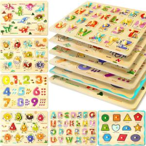 MerryPony Wooden Peg Puzzle for Toddlers 2 3 4 Years Old, 6 Pcs Montessori Toddler Puzzle - Alphabet, Shape, Number, Fruit, Dinosaur and Insect Puzzles, Baby Puzzle, Learning & Education Toys for Kids