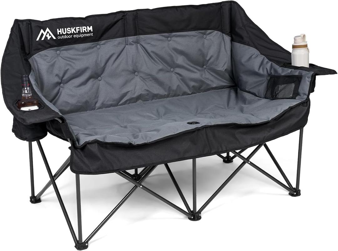 Huskfirm Double Camping Chair Oversized Padded Camping Chairs for Adults Folding Loveseat with Cup Holders and Side Pockets Heavy Duty Outdoor Lawn Chairs for Camping,Sports, Fishing,Beach,Black, 60 inches x 25.5 inches x 35.5 inches