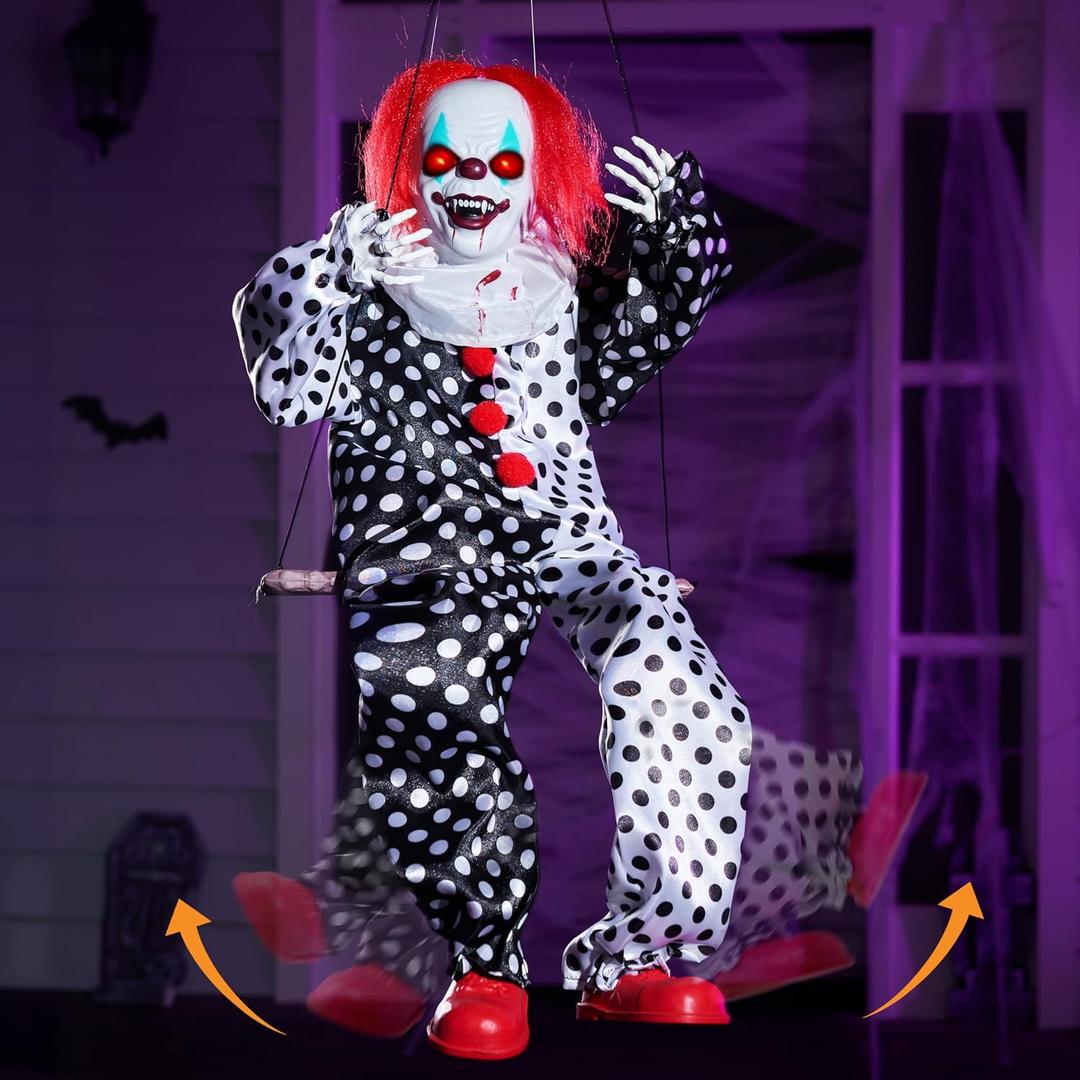 JOYIN Scary Halloween Decorations Outdoor, Halloween Hanging Swinging Animatronic Clown with Scary Sound and Moving Body, Sound Activated Outdoor Swinging Ghost with Light Up Eyes for Indoor Outside
