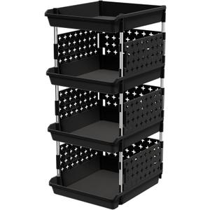 Lifewit Stackable Storage Bins, 4 Tier Stackable Baskets for Closet, Playroom, Kitchen, Food, and Pantry Organization, Large Capacity Stackable Storage Containers Shelves, 13.8 x 11.8 x 28.3 inch (Black)