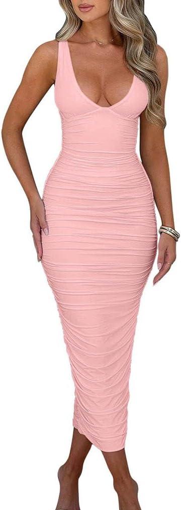 BEAGIMEG Women's Sexy Ruched Sleeveless Deep V Elegant Cocktail Evening Party Maxi Dress S