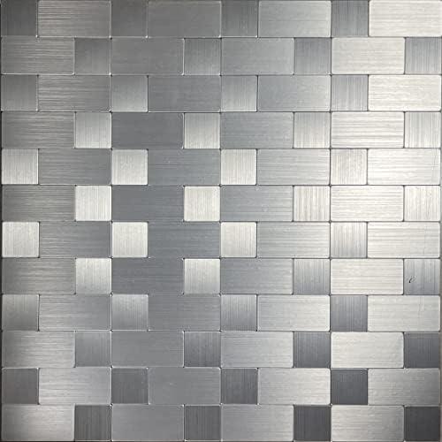 Peel and Stick Metal Backsplash Tiles, Self Adhesive Aluminum Mosaic 3D Wall Sticker for Kitchen (Square +Rectangle Stainless Steel, 20 Sheets)