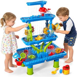 Sand Water Table, 4-Tier Rectangular Sand and Water Table for Toddlers 1.5+, Outdoor Splash and Play Activity Set for Boys and Girls Ages 2 3 4 5 6 7 8 Years, Indoor Outdoor Water Play Sensory Toys