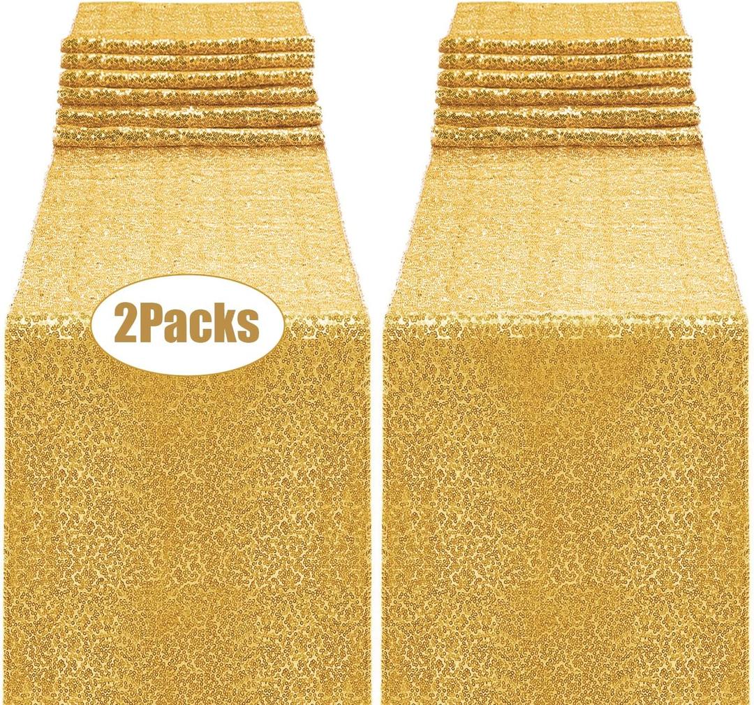 2 Pack Sequin Table Runner Gold, 12 x 108 inch Glitter Gold Table Runner for Rectangle Table for Birthday, Wedding, Banquet, Holiday Party Decorations & Baby Shower