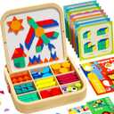 Wooden Magnetic Pattern Blocks Set with Cards, 288 PCS Montessori Tangram Puzzle Learning Toys for Toddlers 4-8, Educational STEM Gift for Kids Boys Girls 4 5 6 7 8, Medium