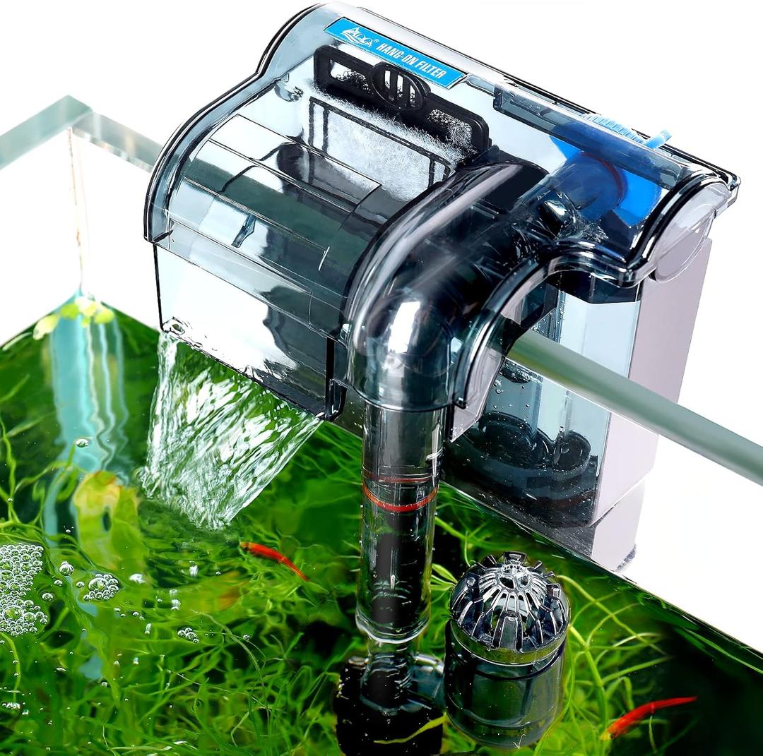 AQQA Aquariums Power Filter 74GPH,External Hang On Fish Tank Sponge Filter with Surface Skimmer,Adjustable Flowrate 3-Step Cascade Aquarium Filtration for Freshwater Saltwater 5-10 Gallon (A-2W 74GPH)