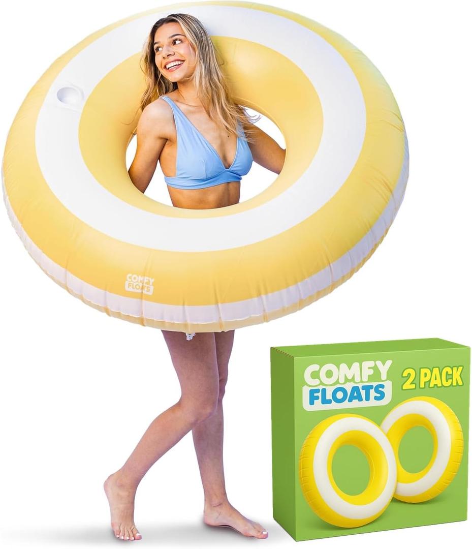Comfy Floats 2 Pack of Giant Inflatable Yellow Stripe Tube Floats, Donut Style Pool Floats - Yellow and White