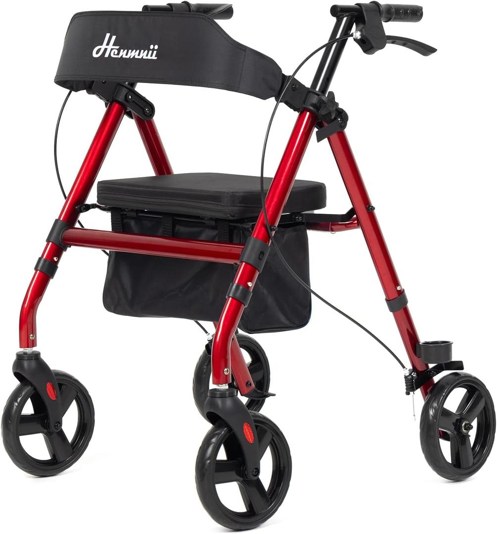 Walker for Seniors, Lightweight Rollator Walker with seat, Foldable Rolling Walker with 8 inch All Terrain Rubber Wheels, Ergonomic Adjustable Handles and Backrest for Seniors and Adult. (Red)