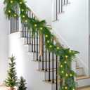 Norfolk Pine Garland with Lights, 6 Ft Faux Garlands with Eucalyptus Leaves Christmas Greenery Garland for Mantel Stairs Railing Table Indoor Outdoor Christmas Holiday Decor (1 PCS)