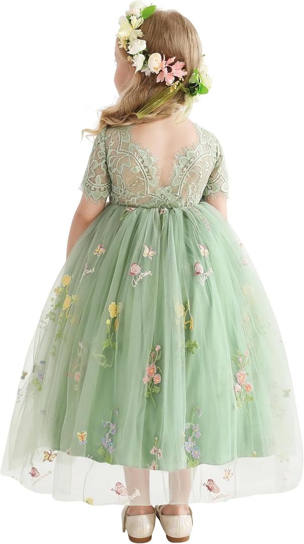 DeeFant Flower Girl Lace Back V-Neck Dress Full-Length Floral Embroidered Toddler Tutu Tulle Dresses for Girls 18M-7T