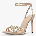 Rhinestone High Heels Stiletos Heels for Women Strappy Buckle Heels Round Toe Sexy Dressy Pumps Sandals 8 Gold