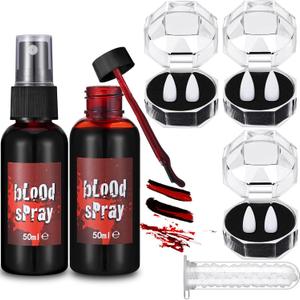 6 PCS Halloween Fake Blood Makeup Kit 3 Size Vampire Teeth Fangs Fresh Red Realistic Fake Blood Spray Washable Blood Gel for Monster Zombie Cosplay Dress Up