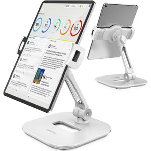 AboveTEK Tablet Stand Holder, Stylish Aluminum iPad Stands, Foldable 360 Swivel iPad iPhone Table Stand Holder fits 4-11" Tablets/Smartphones for Kitchen Bedside Office POS Showroom Reception (White)