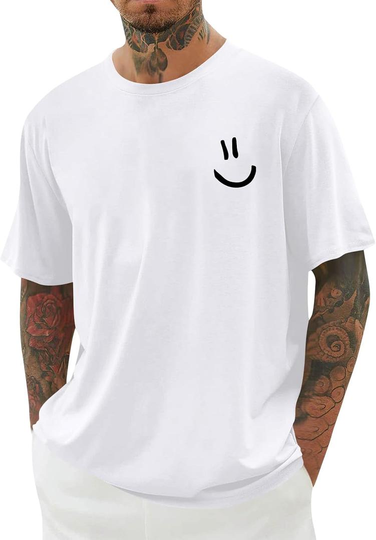 Mens Short Sleeve Graphic Tee Funny Smile Crew Neck T Shirts Loose Fit Summer Shirts (White, M)