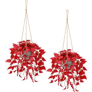 Christmas Hanging Plant, Fake Plants with Pots, 2 Pack Winter Artificial Plants, Faux Anthurium Leaf Basket for Wall Home Room Indoor Outdoor Decor (Red)