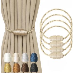 Magnetic Curtain Tiebacks Rope Curtain Tie Backs for Curtains 4 Pack Curtain Holders for Drapes Decorative Window Curtain Holdbacks, Beige