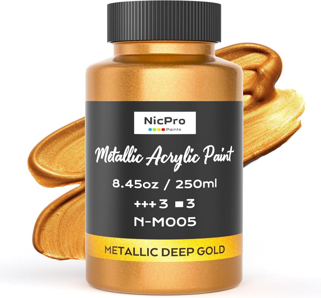 Nicpro Metallic Deep Gold Acrylic Paint, 8.45oz/250ml Large Deep Gold Leaf Paint, Non Toxic, Non Fading Craft Paints for Metal, Wood, Clay, Fabric, Canvas, Furniture, Handcrafts, Art Supplies
