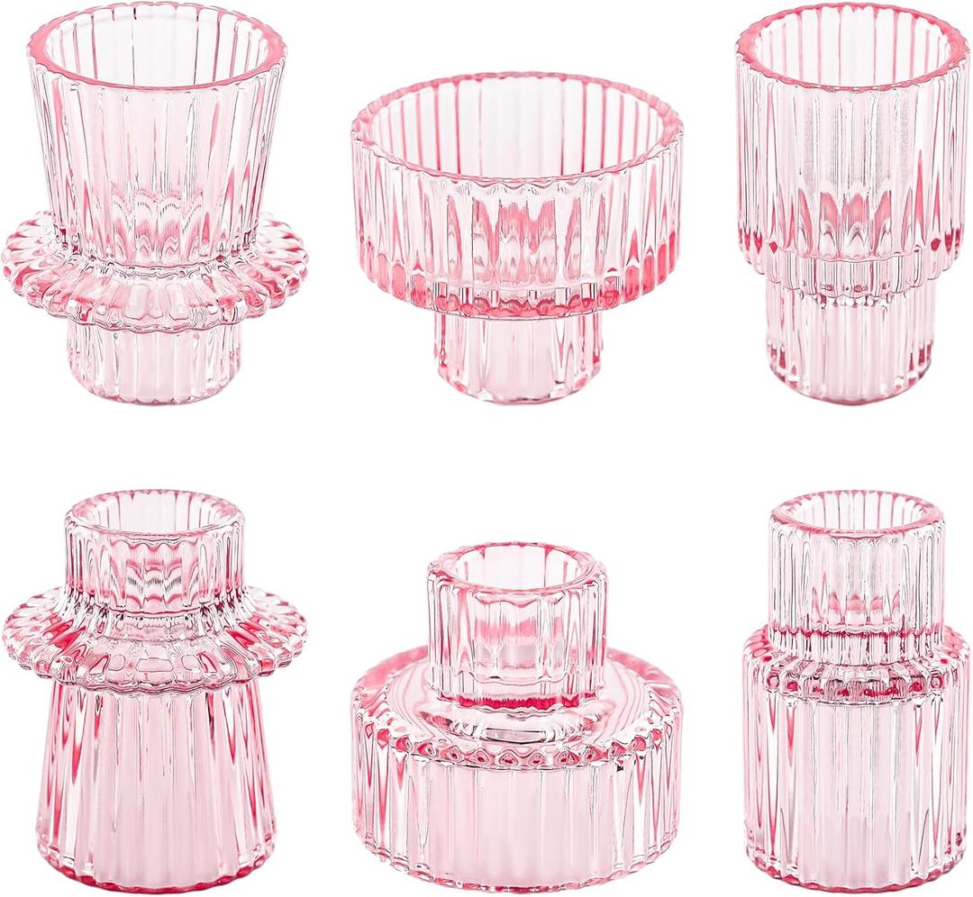 NEOEGOR Taper Votive Candle Holder for Pillar Candles Tealight, Candlestick Holder for Wedding Christmas Tea Party, Boho Ribbed Vintage Crystal Glass Table Centerpiece Decor, Bulk Set of 6 (Pink)