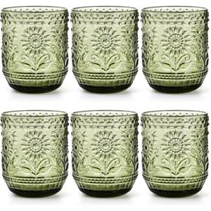 Hacaroa Set of 6 Vintage Drinking Glasses, 12 Oz Green Colored Glassware Floral Embossed Water Glasses, Decorative Beverages Tumblers for Cocktail, Whiskey, Beer