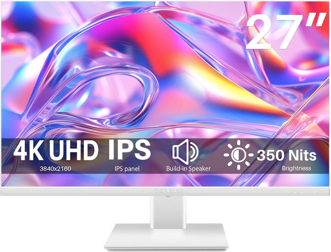 Thinlerian 27 Inch 4K UHD 3840 x 2160 Computer Monitor, IPS Display, Ultra-Thin Bezel, HDMI, DisplayPort, VESA, Build-in Speakers, PC Monitor for Design, Work, Gaming, White