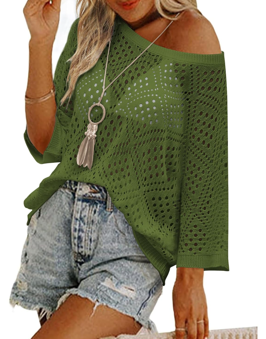 Zeagoo Women's 2025 Spring Summer Crochet Top Hollow Out 3/4 Sleeve Sweater Off Shoulder Beach Knit Coverup L