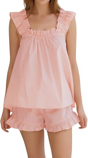 Womens Summer Pajama Sets 2 Piece Outfits Ruffle Trim Top and Shorts Cotton Loungewear Set (Medium, Pink)