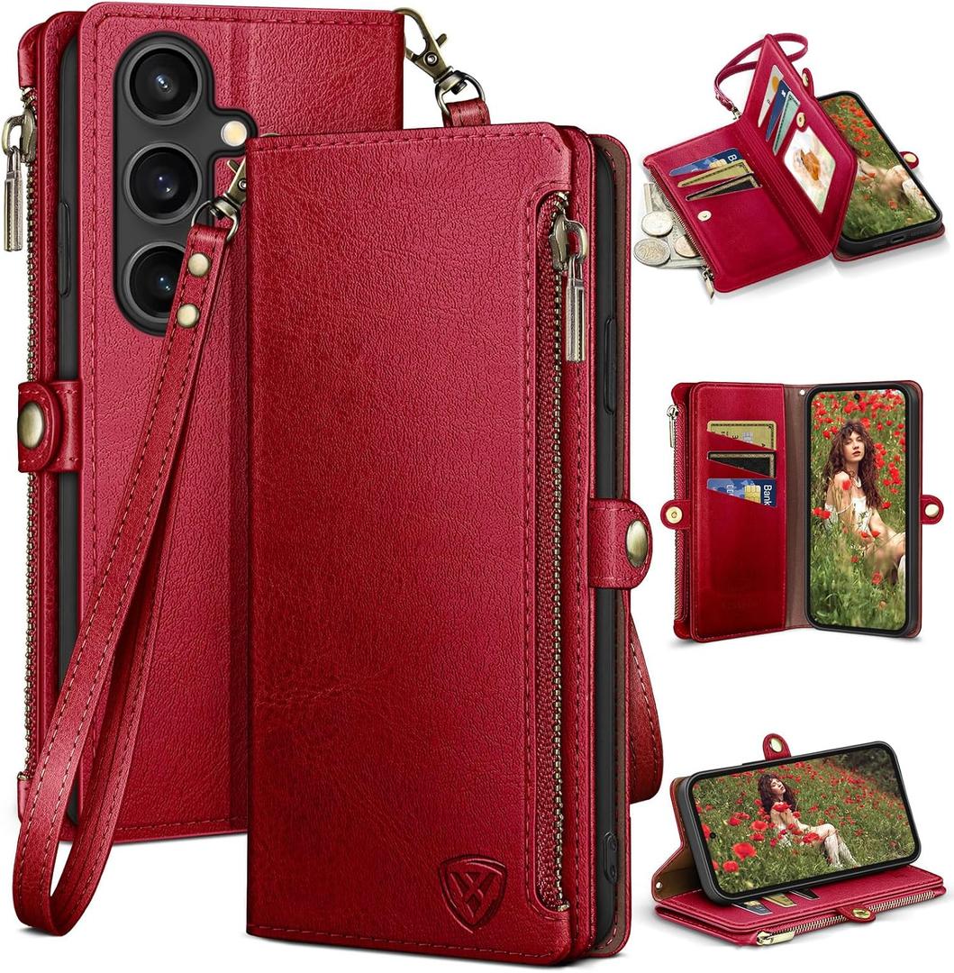 XcaseBar Compatible with Samsung Galaxy S25 Wallet case with Zipper Credit Card HolderRFID Blocking,Flip Folio Book PU Leather Phone case Shockproof Cover Women Men for Samsung S25 case Red