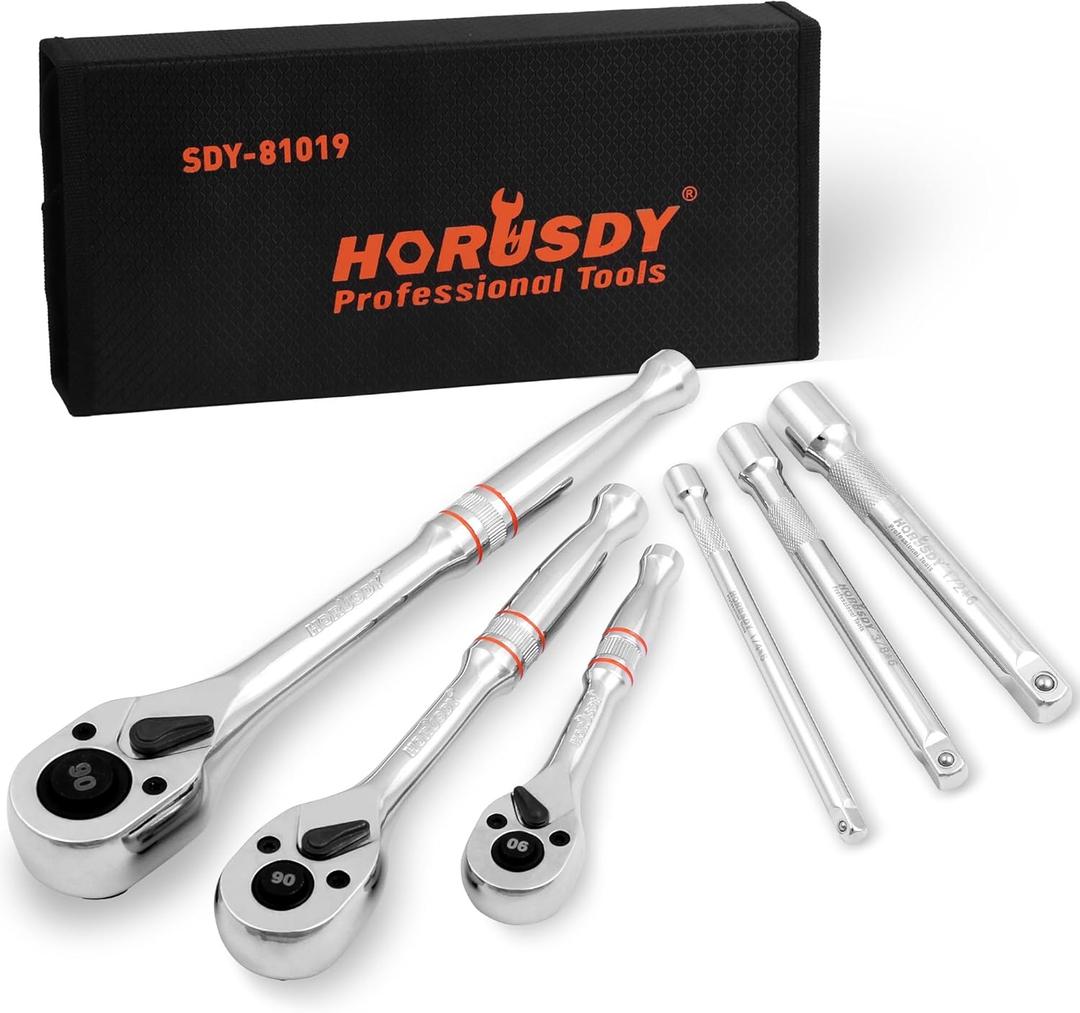 HORUSDY 3-Piece Ratchet Set, 1/4 3/8, 1/2" Drive Ratchet Handle Set, 90-Tooth,CR-V, Quick Release Ratchets