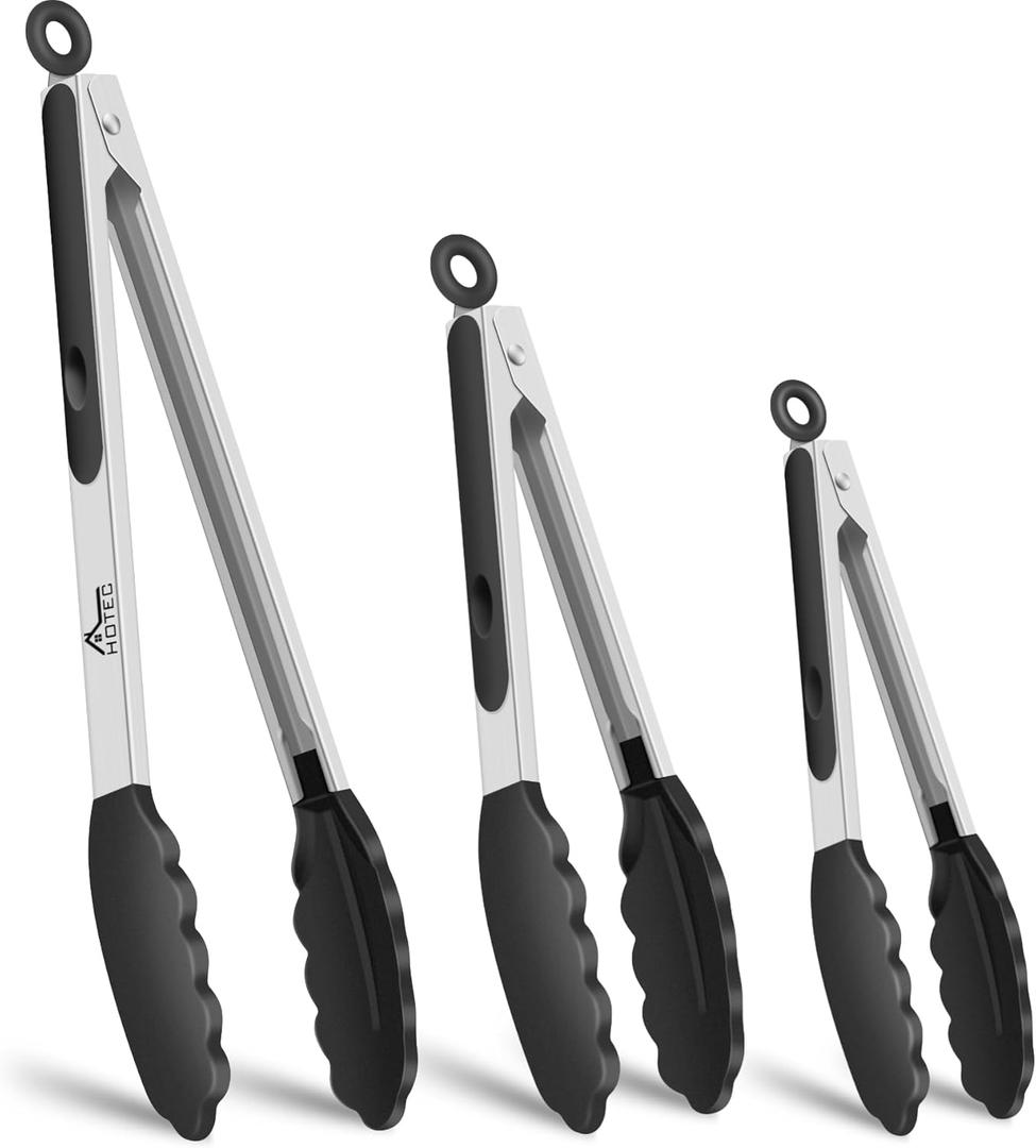 HOTEC Premium Stainless Steel Locking Kitchen Tongs with Silicon Tips, Heat Resistant Cooking Tongs Set of 3-7", 9" and 12" (Black)