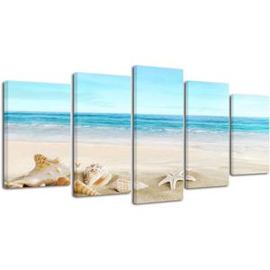 Pyradecor Seashell 5 panels Seascape Canvas Prints Landscape Pictures Paintings Modern Stretched Canvas Wall Art Sea Beach Pictures Artwork for Home Decor, 10x16"x2pcs, 10x20"x2pcs, 10x24"x1pc