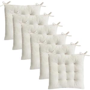 MissSoul 6 Pack Square Seat Cushion Chair Pads for Kitchen Dining Chairs, Soft Comfort Velvet Chair Mat Pillow Cushions with Ties for Office Desk Living Room Tatami 15.5", Ivory