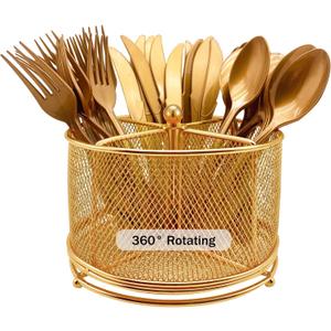 360 Rotating Metal Utensil Caddy - 4 Compartment Silverware Cutlery Holder Rotation Fork Spoon Napkin Organizer Flatware Storage Basket Party Countertop Buffet Picnic Camping Outdoor Gold
