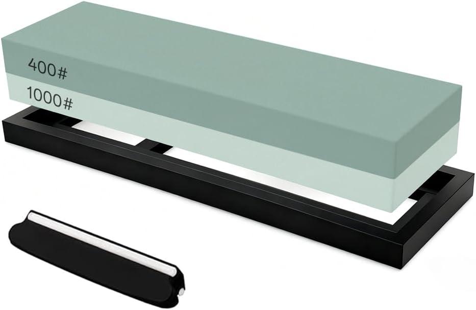 YKLP Knife Sharpening Stone, Whetstone Set Kitchen Knife Sharpener Stone 2 Side 400/1000 Grit, Wet Stones for Sharpening Chisel Blades, Knives, Scissor Blades with Non-Slip Rubber Base and Angle Guide