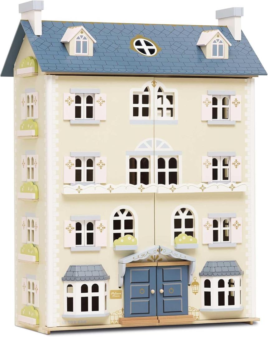 Le Toy Van - Palace House Large Wooden Doll House | Great As a Gift | 5 Storey Wooden Dolls House Play Set - Suitable for Ages 3+ (Yellow and Blue)