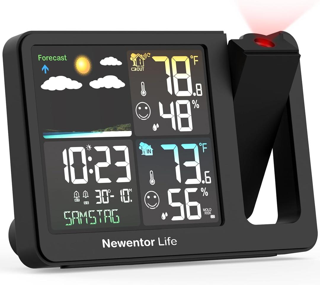 Projection Alarm Clock, Projector Alarm Clocks for Bedroom, Digital Indoor Outdoor Thermometer Wireless, Weather Station with Remote Sensor, Time/Temperature Projecting, Atomic Clock (Black)