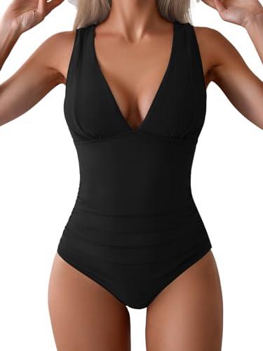 Eomenie One Piece Swimsuit for Women Tummy Control Plunge V Neck Bathing Suit Slimming Wide Straps Swimwear Black Small