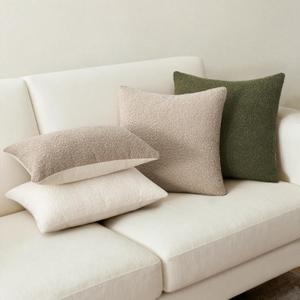 Topfinel Neutral Green Contrast Boucle Pillow Cover Set with Dual-Texture Design for Modern Earth-Tone Living Rooms (12"x20"x2,18"x18",20"x20"), Complete Sofa Layering Set 4-Pack