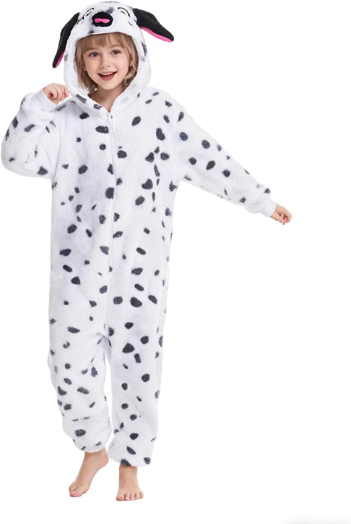 Kgromfy Unisex Dalmatians Costume for Kids Dog Onesie Spotted Dog Dress Up Teens Novelty Halloween Animal Cosplay Outfit (XS fit for 4'5"-4'9", Spotted Black-white)