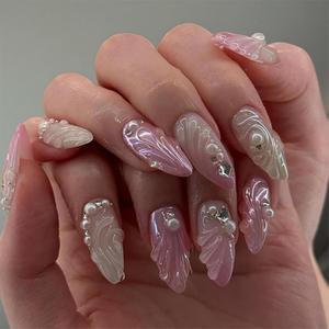 3 x Summer Press on Nails Medium Almond Fake Nails with 3D Pearl Water Ripple Design Seashell Glue on Nails Ombre Pink Nude False Nails Glossy Reusable Handmade Nails for Women Girls Manicure 24pcs