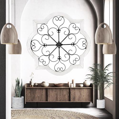 Bellaa 23936 Metal Wall Art Wood Frame Rustic Retro Farmhouse Barn Home Decor Modern Medallion Flower Fleur De Lis Round Scroll Panel Plaque Wrought Iron Old World Sculptures 24 inch Large