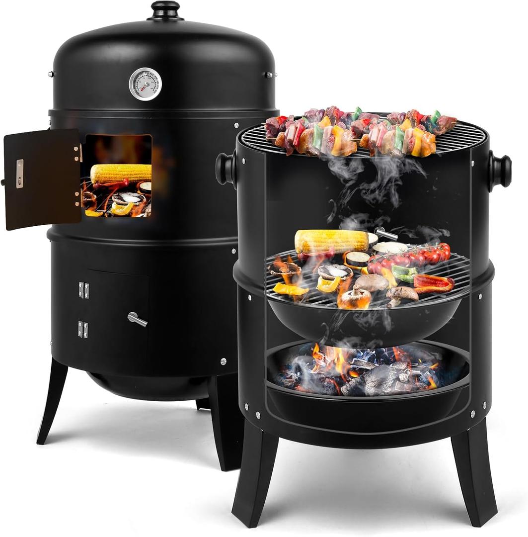 Outvita Vertical 17 Inch Charcoal BBQ Smoker, 3-in-1 Portable Outdoor Grill Cooker with Built-in Thermometer for Outdoor Backyard Cooking Grilling Camping