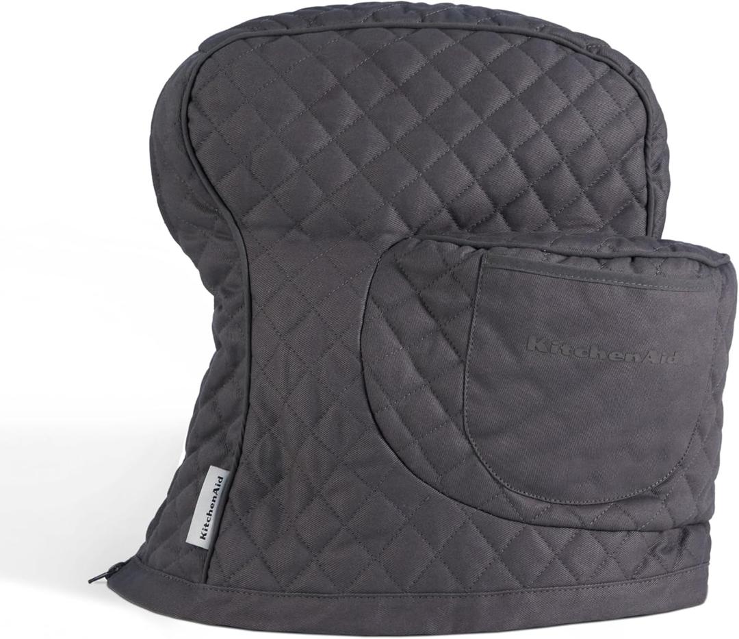 KITCHENAID Fitted Tilt-Head Stand Mixer Cover with Storage Pocket, Quilted 100% Cotton,14.4"x18"x10", Charcoal Grey