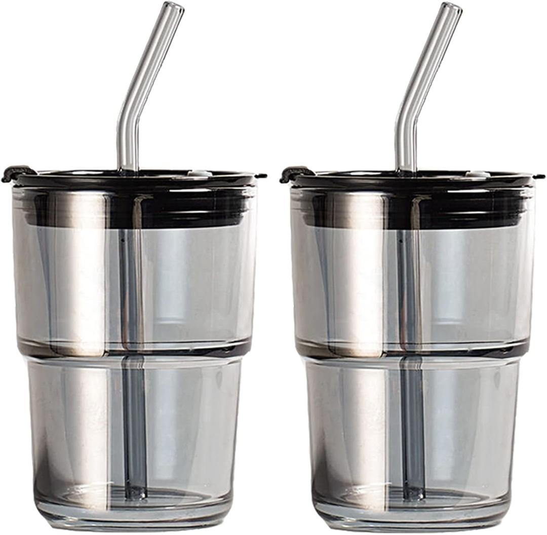 2 Pack 13oz Glass Iced Coffee Cups, Glass Tumbler With Lid and Glass Straw Carry on, Clear Reusable Glass Coffee Mug Thick Wall Insulated Glass Cup（Black）