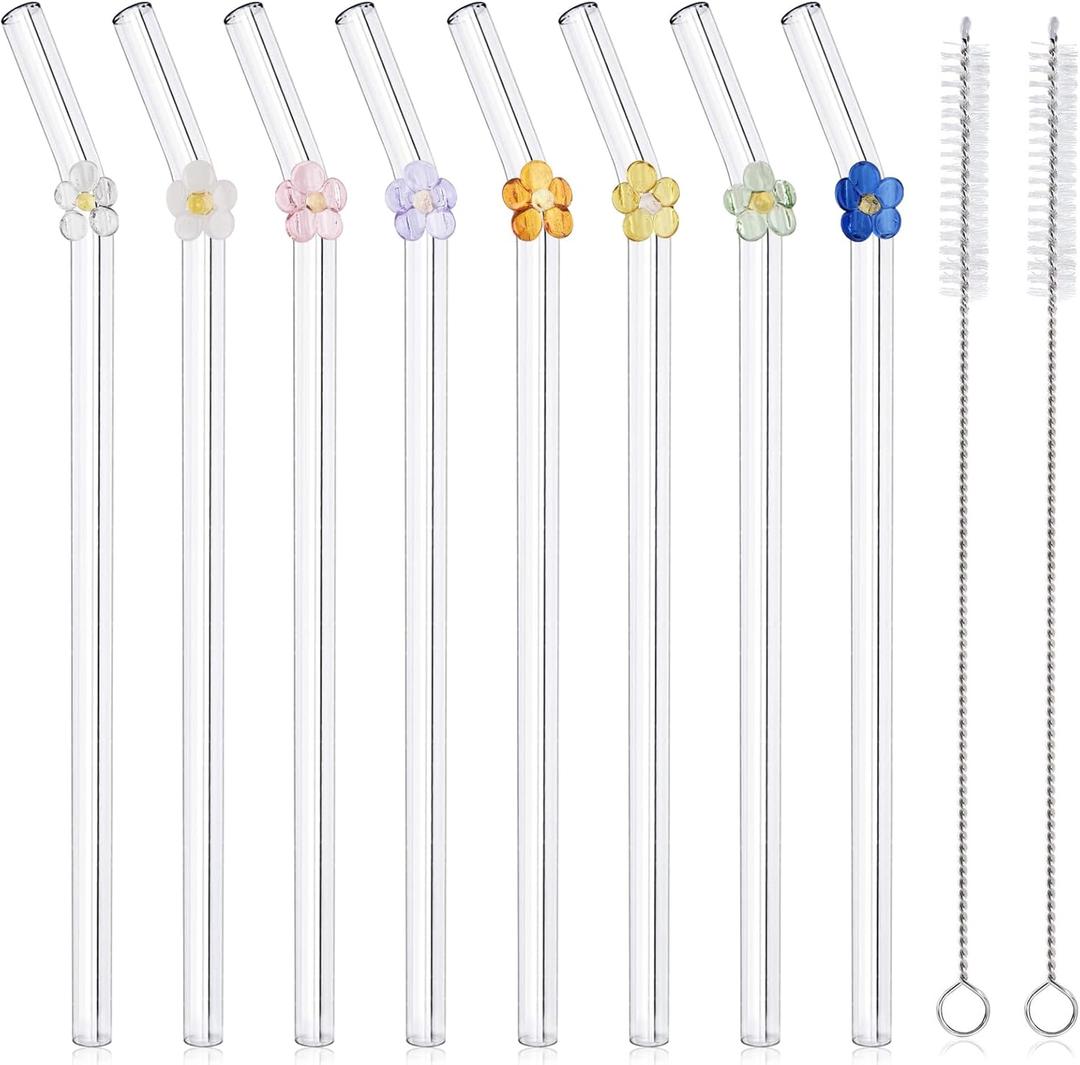 DUMING-IN 8 Pack Reusable Glass Straws with 2 Cleaning Brushes, Cute Colorful Flower Glass Straws Shatter Resistant, Reusable Straws Dishwasher Safe for Smoothies, Milkshakes, Juices, Teas, 7.9''×8MM