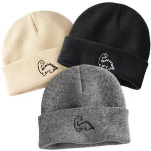 FURTALK Toddler Beanie Cute Dinosaur Pattern Winter Hat Knit Boys Girls Warm Baby Embroidered Beanies Cap for 0-3 Years (6-36 Months, Beige+grey+black)