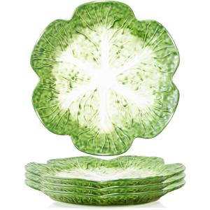 KXZ 10.5 Inch Cabbage Plates, Set of 4 Green Ceramic Salad Plate, Porcelain Decorative Plates for Kitchen, Round Appetizer Bowl for Dessert, Decorative, Dinner, Pancakes, Steak