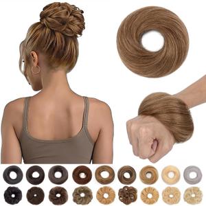 S-noilite Thick Messy Bun Hairpiece Real Human Hair for Women Realistic Natural Tousled Updo Bun Scrunchie Donut Chignon Hair Piece Light Brown